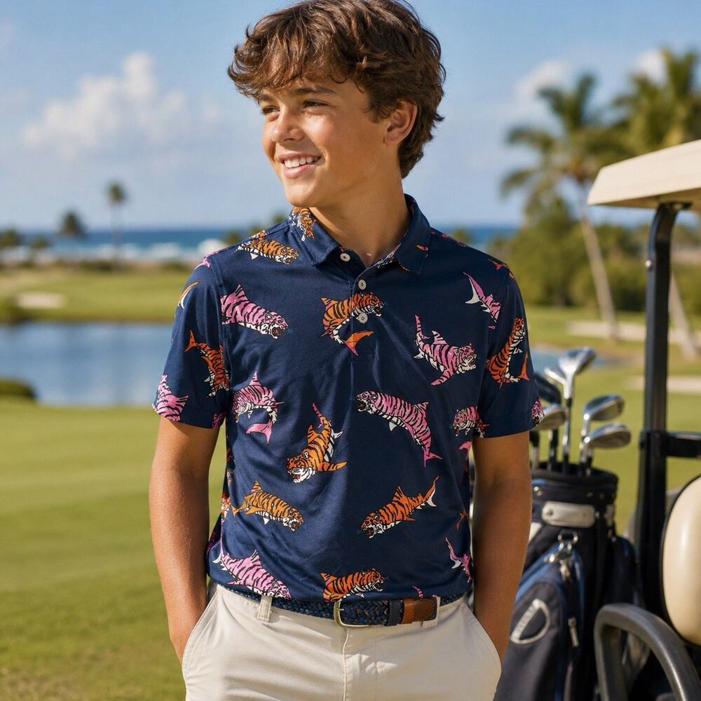 Chubbies Polo Shirt Boys L King Of The Sea Performance Golf Tiger Shark Youth L
